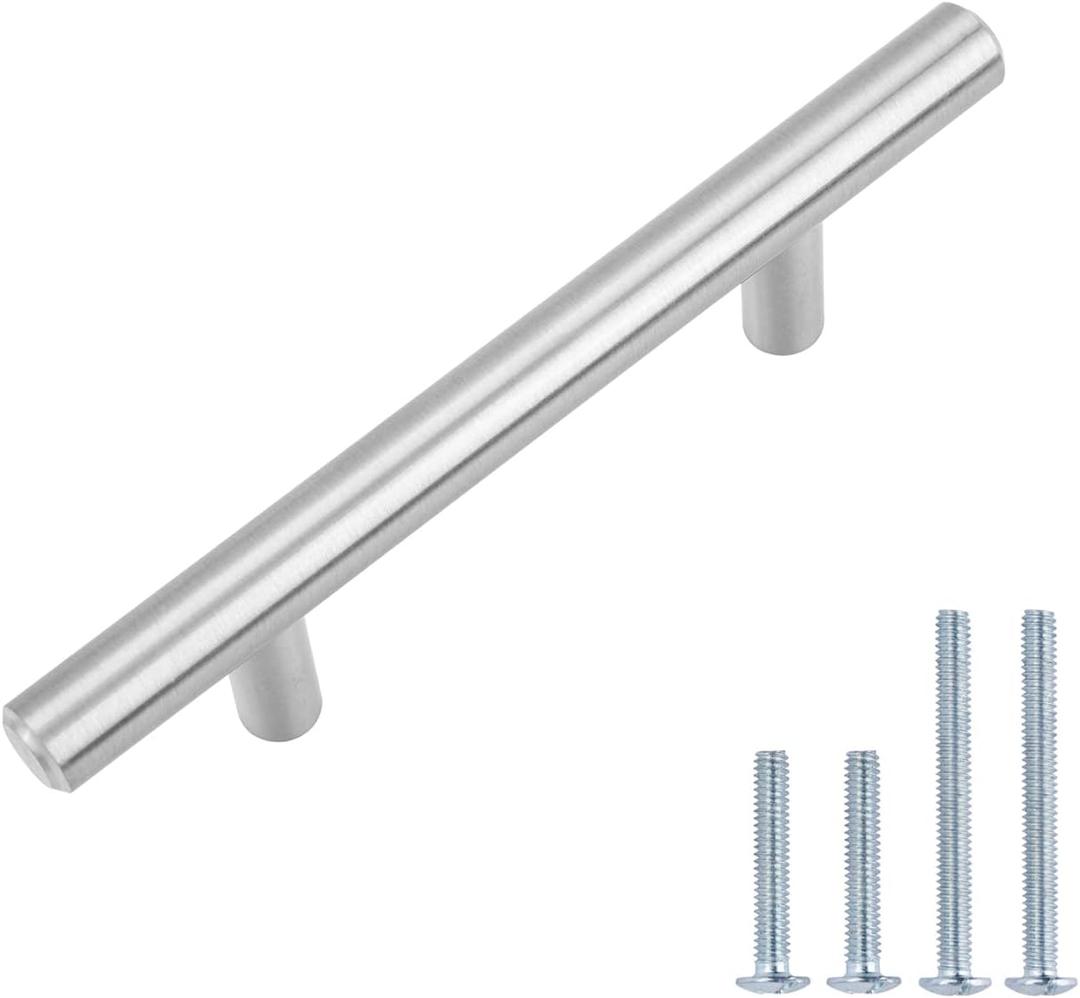 Amazon Basics Euro Bar Cabinet Handle (1/2-inch Diameter), 5.38-inch Length (3-inch Hole Center), Satin Nickel, 25-Pack
