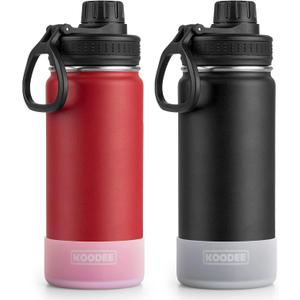 koodee 2 Pack Water Bottle 18 oz Stainless Steel Double Wall Vacuum Insulated Sports Water Bottle for Girls and Boys, Reusable Metal Water Flask with 2 Lids-BPA Free and Leakproof (Canyon Red-Black)