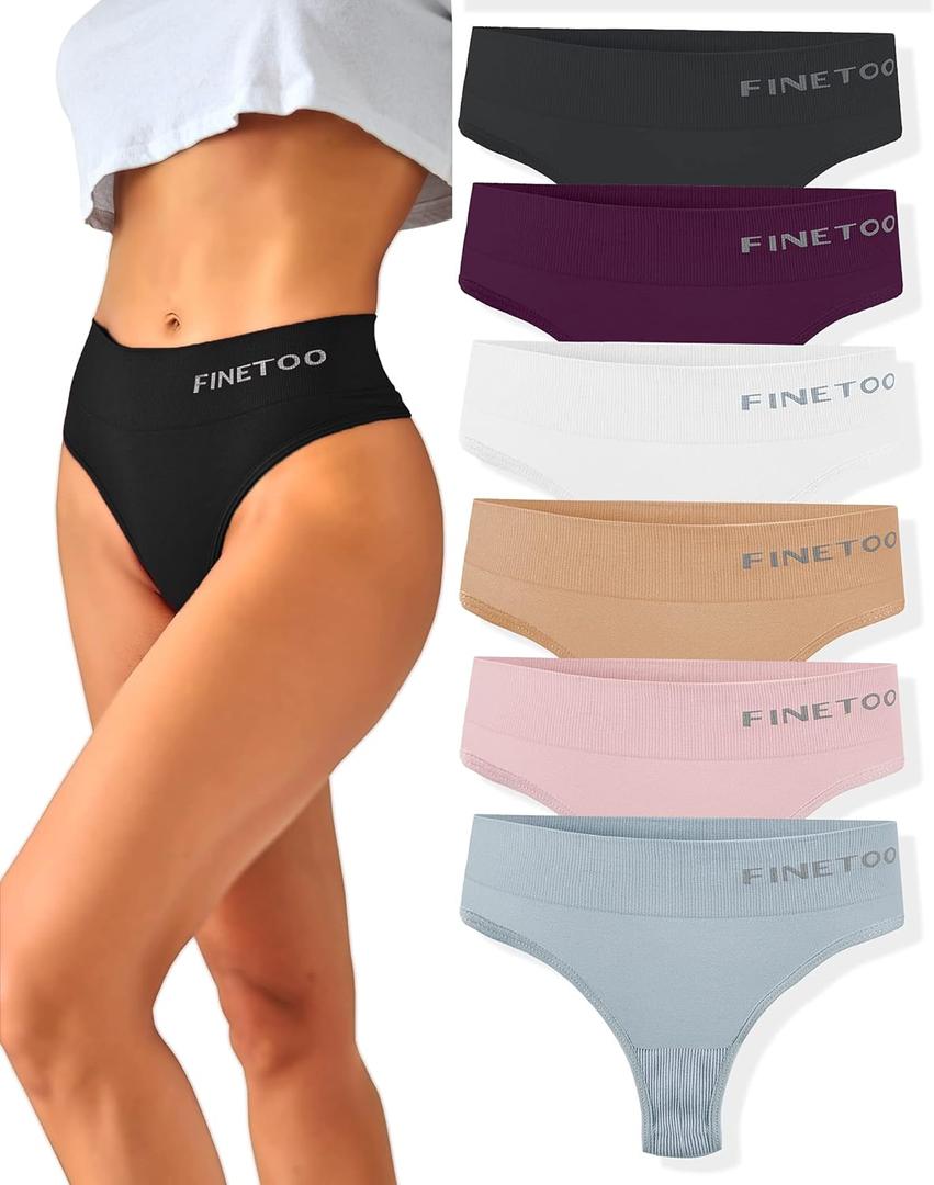 FINETOO 6 Pack High Waisted Thongs for Women, Nylon Spandex Panties Breathable Soft Stretchy Underwear High Rise S