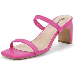 IDIFU IN3 Chunky Heels For Women Low Block Square Open Toe Heels Two Strap Slip On Comfortable Slides Heeled Sandals Sexy Wedding Prom Party Dress Shoes Cute Mule Short Heels, Size 9.5