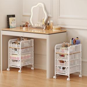 Rolling Makeup Cart Organizer with 3 Drawers, 4-Tier Narrow Floor Skincare Organizers with dividers, Vanity Organizer Cosmetics Display Cases for Makeup Brush, Hair Tool, White (Medium)