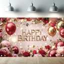 Red and Gold Happy Birthday Backdrop Banner, Elegant Roses Balloons, Photography Background, Birthday Party Decorations, Photo Booth Props, Supplies 71x43 Inch