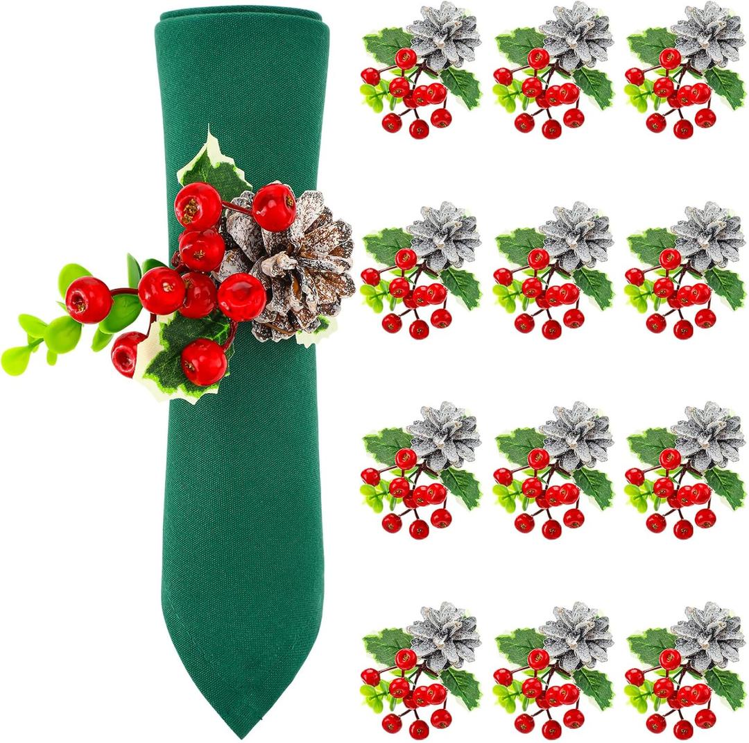 Christmas Napkin Rings Set of 12 Napkin Holder with Pine Cone Pine Needle Red Berries Livelike Handmade Napkin Ring Holder Xmas Serviette Buckle Holder for Xmas Wedding Party Banquet (Modern Style)