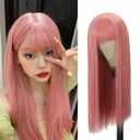 Long Pink Wigs for Women, 24 Inch Pink Wig with Bangs Natural Silky Soft Synthetic Heat Resistant Fiber Wigs Hair for Daily Party Use