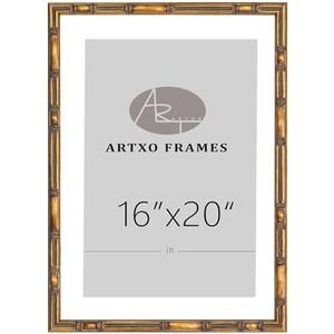 ArtXO 16"x20" Picture Frame Wooden, Display Pictures 11"x14" with Mat or 16"x20" Without Mat, Gold Bamboo Poster Frames,Hanging Photo Frame Wall