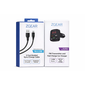 Set 6 Foot Braided Nylon Micro Black Chrome USB Charge/Sync Cable And FM Transmittera and Fast Charge Car Charger