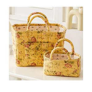 vctops 2 Pack Boho Cotton Quilted Storage Baskets for Organizing, Basket Organizer Gift Basket with Handles, Storage Bins for Toys, Books, Towels, and Clothes, Collapsible Fabric(Floral E)