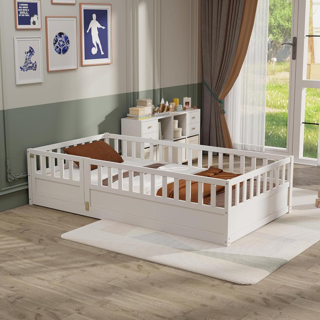 Twin Floor Bed with Door and Fence,Metal Montessori Bed,Solid Wood Playhouse Bedframe for Kids,Girls,Boys, No Box Spring Needed,Easy to Assembly White