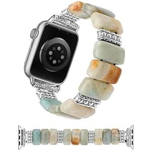 Moolia Natural Stone Bracelet Compatible with Apple Watch Band 38/40/41/(42mm-S11/S10)  Women, Handmade Elastic Loop Beaded Western Vintage Strap, Amazonite, S: 5.4-5.6