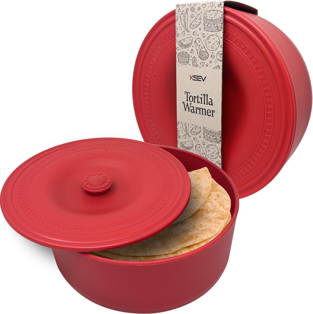 Tortilla Warmer (9" x 3.1"-Inch) Insulated Container with Lid, Fits up to 20 Tortillas, BPA FREE Microwave & Dishwasher Safe Holder Box For Torilla, Taco, Chapati, Flat Breads (1 Pack - Red)