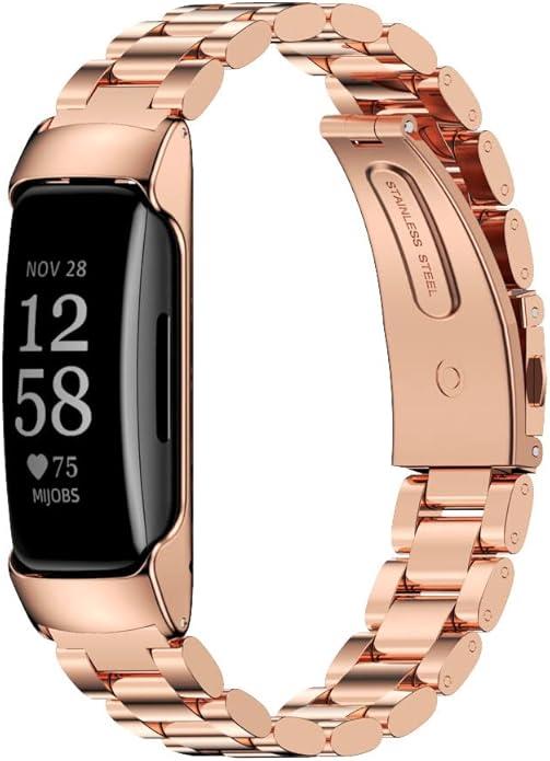 MIJOBS Strap for Fitbit Inspire 2, Stainless Steel Metal Band Replacement Wristbands Waterproof Bracelet Accessories for Inspire 2 Women Men (Beads,Rose Gold)