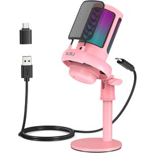 NJSJ USB Microphone for PC, Gaming Mic for PS4/ PS5/ Mac/Phone,Condenser Microphone with Touch Mute, RGB Lighting,Gain knob & Monitoring Jack for Streaming,Podcasting (with Desktop Stand, Pink)