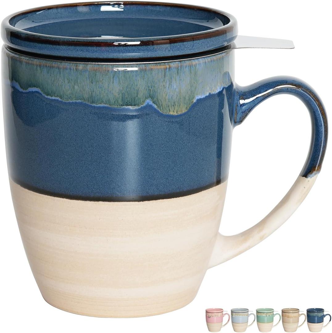 Bosmarlin Ceramic Tea Cup with Infuser and Lid, 16 Oz, Dishwasher and Microwave Safe, 5 Colors to Choose, Reactive Glaze, Steeping Tea Mug with Strainer (Deep Blue)