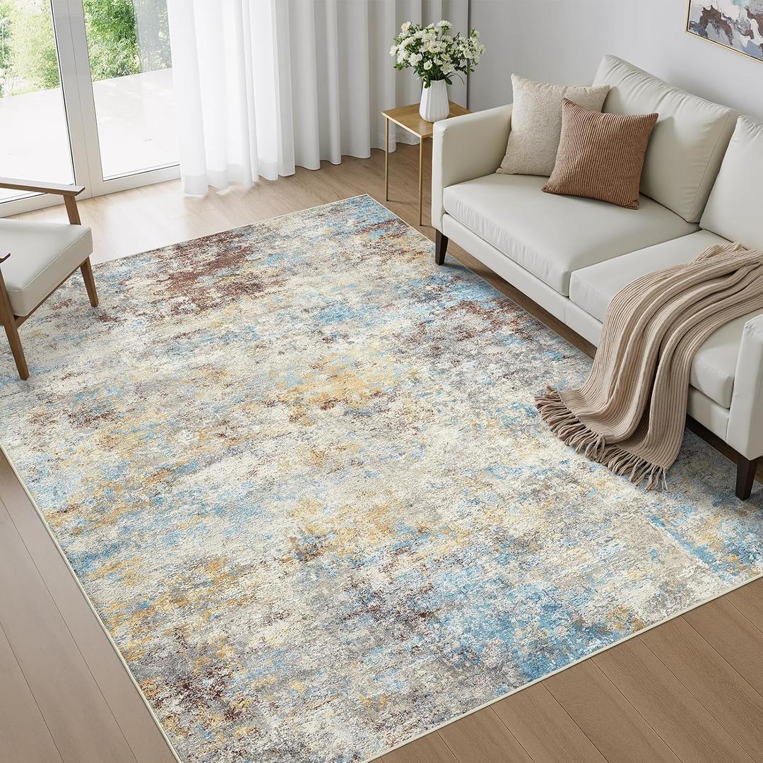 WITSHOCK 5x7 Area Rugs for Living Room : Machine Washable - Non Slip Modern Abstract Rug for Bedroom Under Dining - Stain Resistant for Household - Pet Owners, Blue/Off-white/Gold