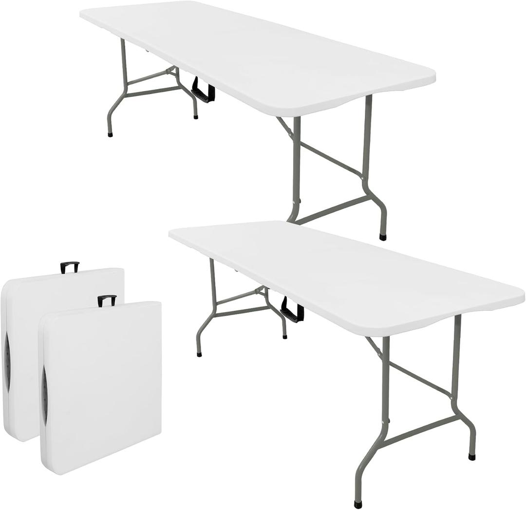 Set of 2 Folding Tables with Carrying Handle Lightweight 6FT Rectangular Portable Plastic Camping Table Steel Legs for Indoor Party, Dining, Outdoor Wedding, Events, Picnic (White)