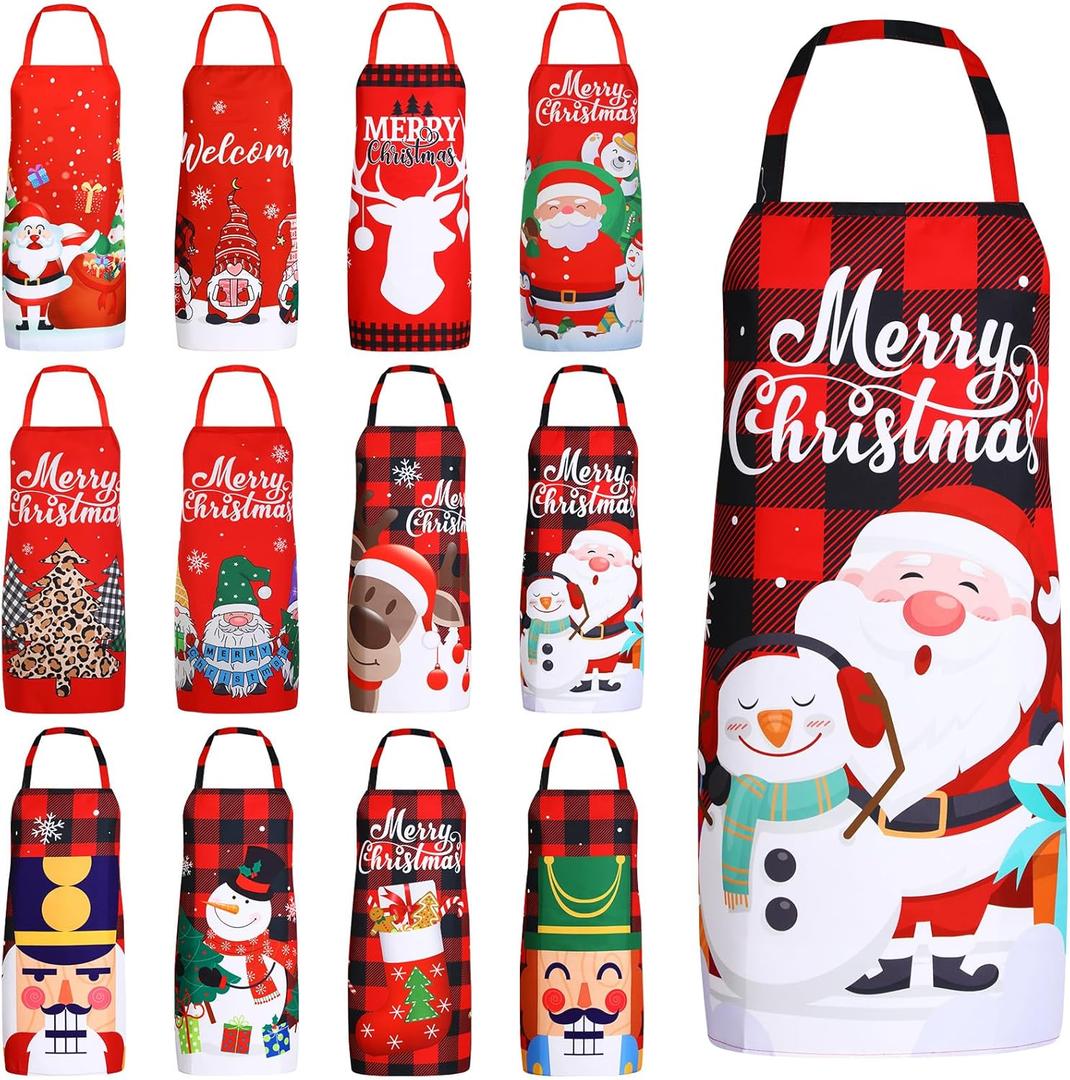 Suhine 12 Pcs Christmas Aprons Bulk Adjustable Red Plaid Xmas Santa Elf Pink Apron for Women Men Cooking Baking Holiday Party