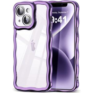 2 x SKYLMW Compatible with iPhone 15 Case, Kawaii Cute Curly Wave Frame Luxury Plating Edge, Stylish Glossy Clear Back, Soft TPU Shockproof Protective Cases for iPhone 15, Purple