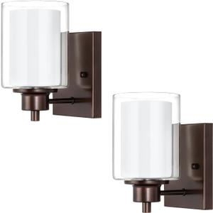 2 Pack Bath Vanity Light Fixtures 1-light, Indoor Oil Rubbed Bronze Wall Light with Dual Glass Shade, Farmhouse Bathroom Wall Scone, Vintage E26 Bese Wall mount Lighting