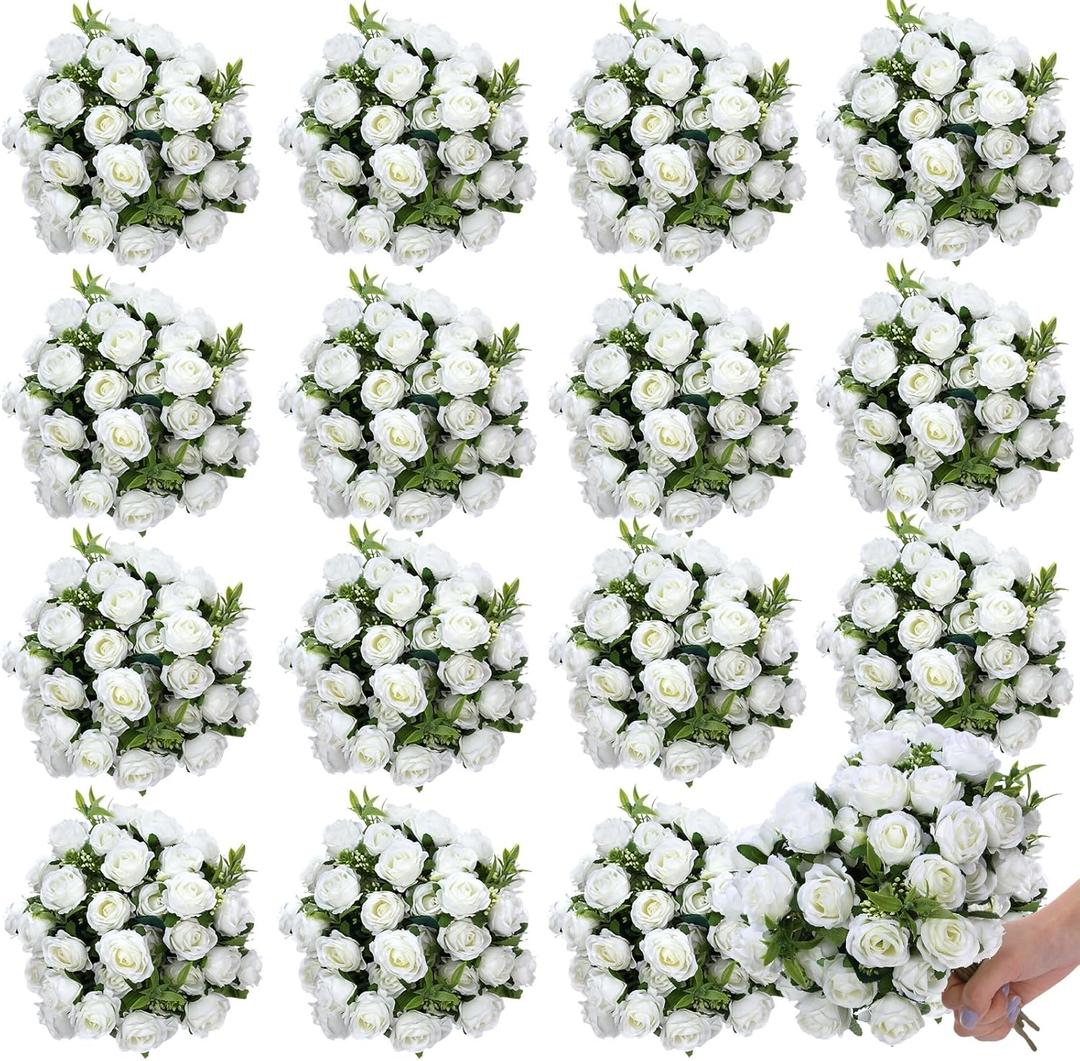 Zeyune 16 Bunches 12 Inch Artificial Mini Rose Bouquet 160 Heads Bridal Flower Bouquets Fake Silk Rose Bulk for Wedding Bridal Shower Christmas Home Office Garden Decoration(White)