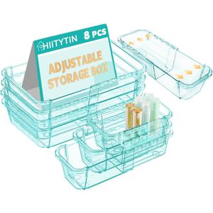 8 Pcs Mixed Extendable Clear Drawer Organizer, All Adjustable Vanity Storage Box, 4-Size Desk Drawer Organizer, Acrylic Storage Bins for Makeup, Bedroom Dressers Tool Organizer for Gadgets, Blue