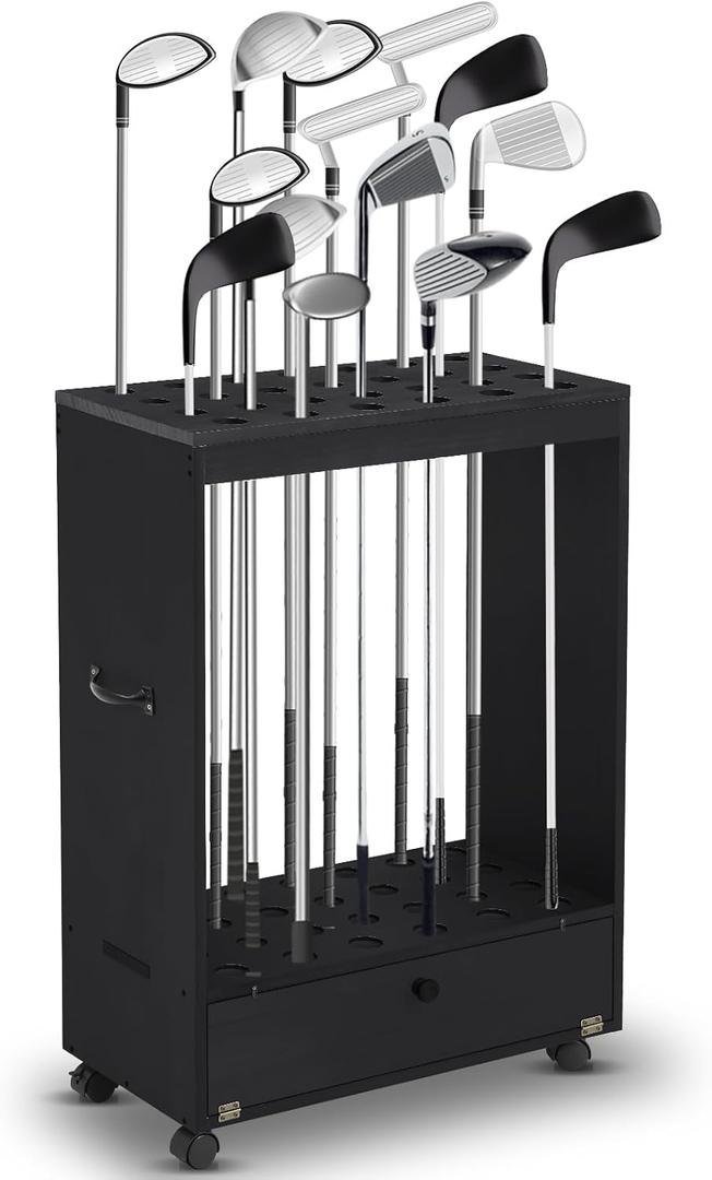 27 Hole Golf Club Stand Holder Wooden Golf Club Organizer Putter Display Rack with Storage Drawer and Wheel for Indoor Home Office Simulator Garage (Black)