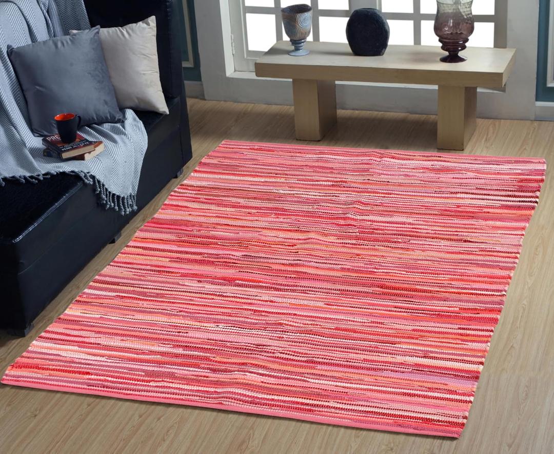 Handmade Cotton Rag Area Rug Recycled Chindi for Home Décor Pink 4'x6'