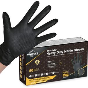 TitanFlex Thor Grip Heavy Duty Black Industrial Nitrile Gloves with Raised Diamond Texture, 8-mil, Latex Free (XL (Pack of 50))