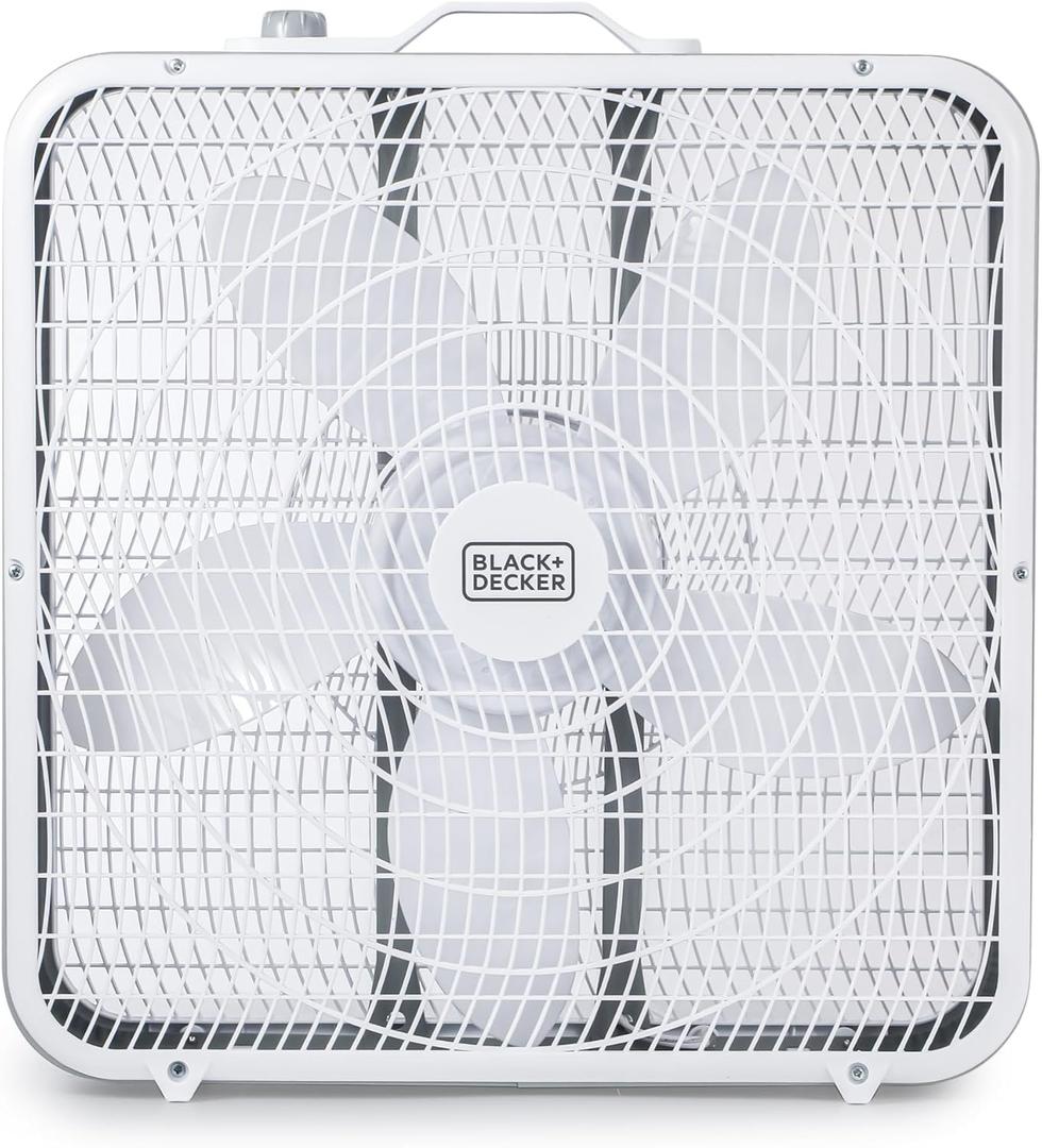 BLACK+DECKER Box Fan with 3 Speed Settings, 20 Box Fan with Carrying Handle, Rotary Knob and Recessed Cord Storage, Portable Fan and Cooling Fan for Home, Office, Garage, Basement & More