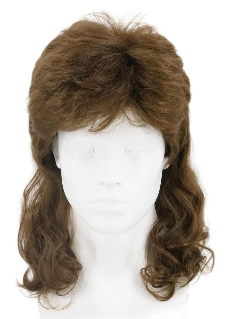 Men's Wigs 70s 80s Rock Wig Brown Wavy Mullet Wigs for Men Halloween Costume Theme Party Wig