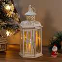 JHY DESIGN Decorative Candle lantern-10inch High Vintage Style Hanging Lantern Metal Candleholder for Indoor Outdoor Events Parities and Weddings (White with Gold Brush)