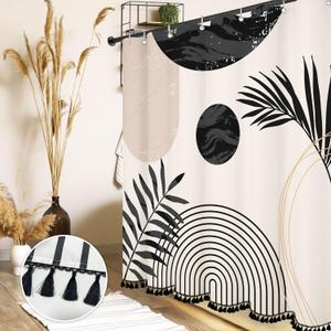 Boho Mid Century Leaf Shower Curtain Set,Arch Sun Design,Minimalistic Leaves Pattern,Waterproof and Luxurious Fabric-12 Hooks(Black and White-72" x 72") (Cream)
