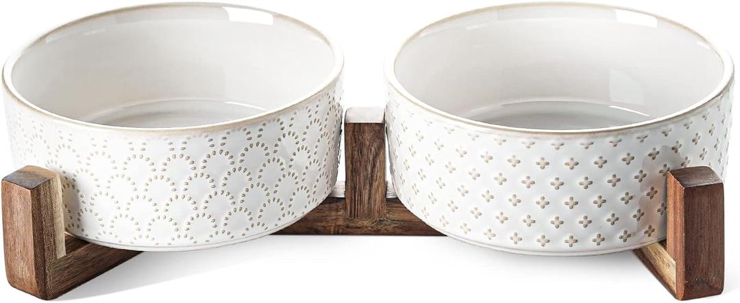 Dog Bowls Ceramic for Small Medium Dogs - 3-Cup Dual Food & Water Bowl Set with Acacia Wood Stand, Non-Slip Anti-Tip Elevated Design (M-3 Cup, Fireworks+Clover)