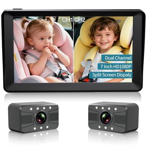 HUBOOK Dual Baby Car Camera, 7" 1080P Split Screen Baby Car Monitor with Night Vision, Rear Facing Car Seat Camera for 2 Kids Newborn Toddlers Travel Safety