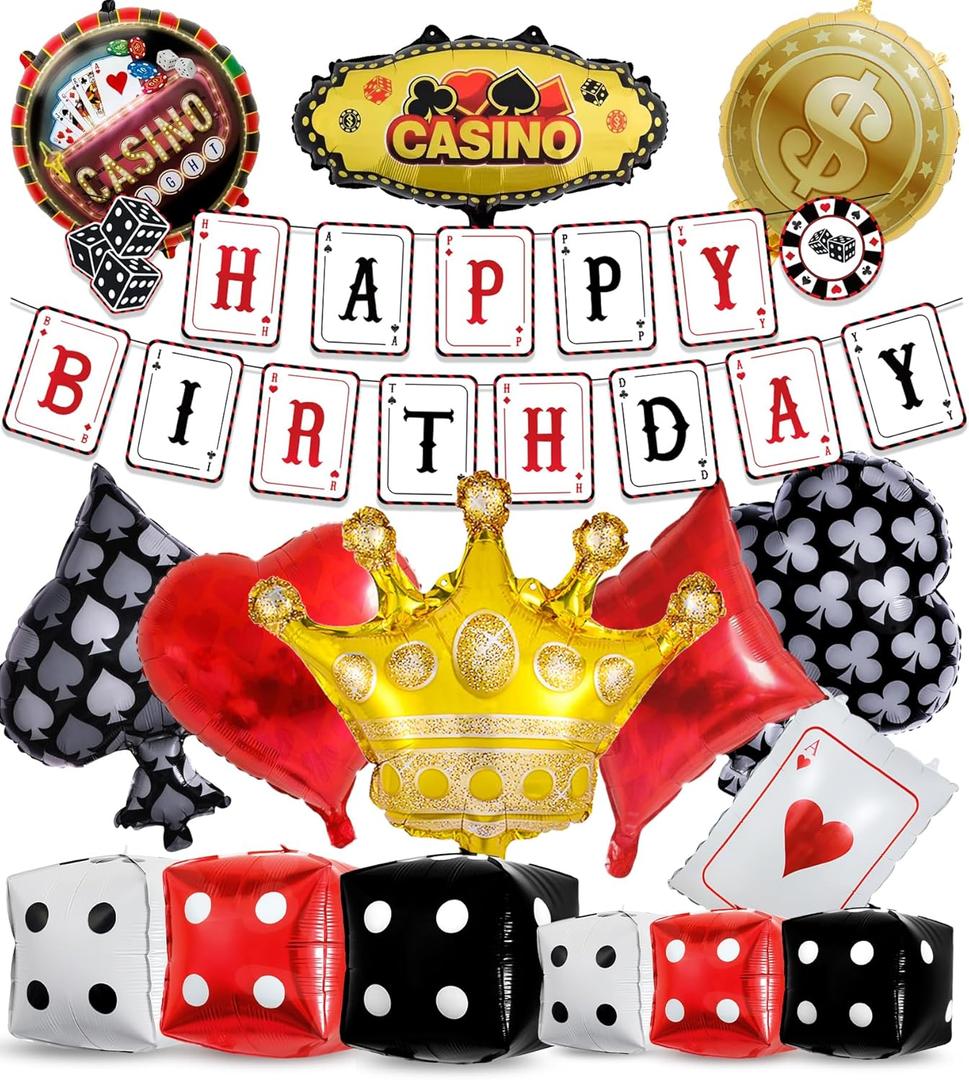 16 Pcs Casino and Dice balloons, Large Dice Casino party balloons, game night Decorations for Birthday Party, Las Vegas Party Decorations Include Dice and Poker Balloons, 1 Poker Birthday Banner
