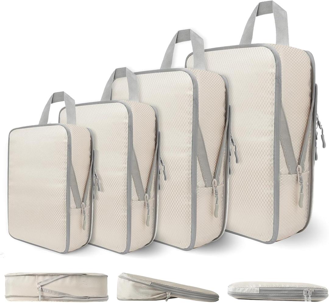 Compression Packing Cubes for Travel, 4 Set Expandable Packing Organizers, Lightweight Luggage Organizer Bags, Travel Essentials for Carry on, Handy Helper for Organizing Clothes, Off-White
