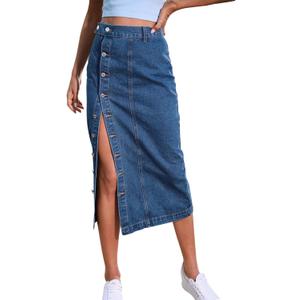 Women's Casual Slit Denim Midi Jean Skirt Stretch High Waisted Button Up Frayed with Pockets (Medium)