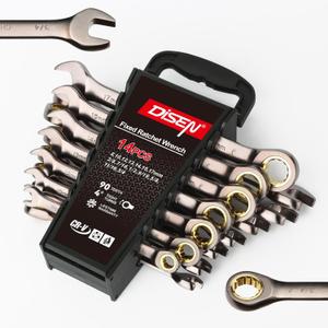 DISEN 14PCS 90-Tooth SEA&Metric Ratchet Wrench Set,Nickel Plating Combination Wrenches Set