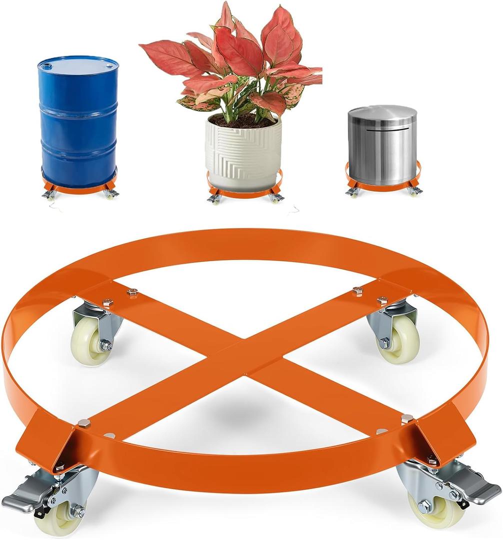 Garvee 55 gal Drum Dolly with Labor-Saving Handle,1200 LBS Capacity, Oil Drum Cart with Smooth-Rolling Wheels & Brake Wheels, Heavy Duty q235 Steel Barrel Drum Dollies for Garages Warehouse Workshop (Orange)