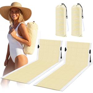Sliner 2 Pcs 63" Foldable Beach Lounge Chairs Portable Lightweight Beach Mat Lounger Chair with Back Support Pool Seat for Sunbathing Sand Tanning Outdoor Poolside Camping Lawn(Yellow & White Striped)