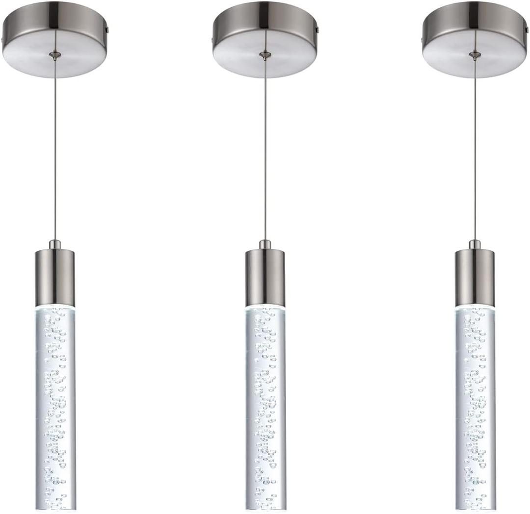 3 Pack Mini Pendant Light,Satin Nickel Kitchen Lighting with Led Bulb, Updated 3D Generation Preminum Bubble Chandelier Light Fixture for Kitchen,Dining Room,Living Room,Corridor