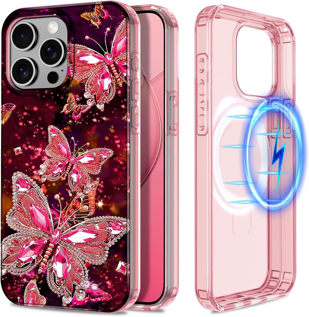 Hekodonk for iPhone 15 Pro Max Case,Compatible with MagSafe,Glow in The Dark Full Body Rugged Protection Slim Shockproof Glossy Stylish Women Girls Case for iPhone 15 Pro Max 6.7 inch,Rose Gold