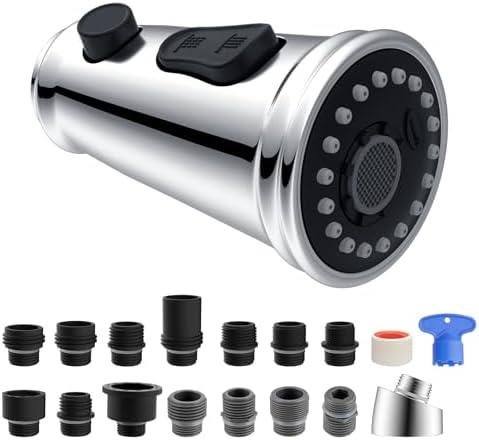 Hibbent Pull Down Kitchen Faucet Head Replacement, 3-Function Kitchen Sink Faucet Head Sprayer Head Nozzle with 15 Adapters, Compatible with Moen, American Standard, Delta, Kohler Faucets-Chrome