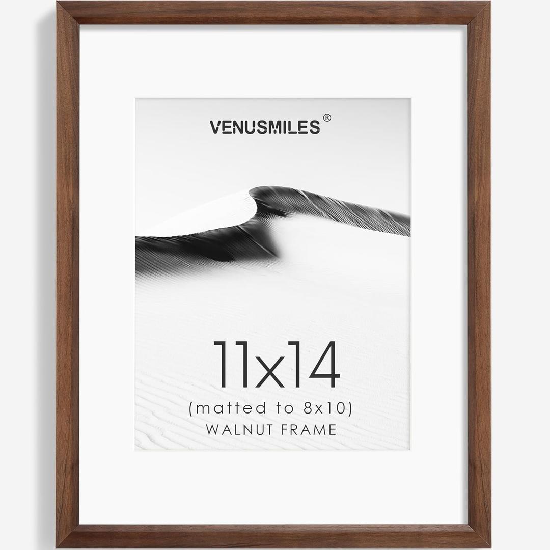 Venusmiles 11x14 Picture Frame Natural Solid Walnut Photo Frames with 8x10 Removable Mat Wall Hanging Large Handcrafted Frame with HD Plexiglass Wall and Tabletop Display Large Poster Frame