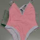 ChiaoLezhee Color Block Swimsuit, Plunge V Neck High Cut, Pool Party Vacation, Sexy Backless One Piece Bathing Suit Cheeky,  Small