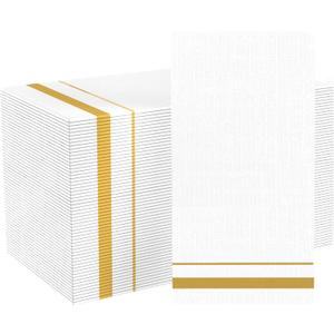 200 Pack 3-Ply Disposable Paper Napkins, Soft and Absorbent Paper Hand Towels, Gold Trim Lined Elegant Dinner Napkins for Kitchen, Wedding, Parties, Dinners or Events (15.7" x 13")