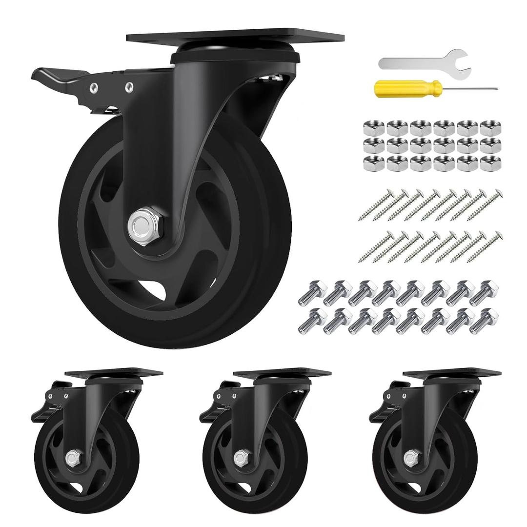 4" Caster Wheels,Caster Set of 4, Jinfutou Heavy Duty Casters with Brake, No Noise Locking Casters with Black Polyurethane (PU) Wheels, Swivel Plate Castors