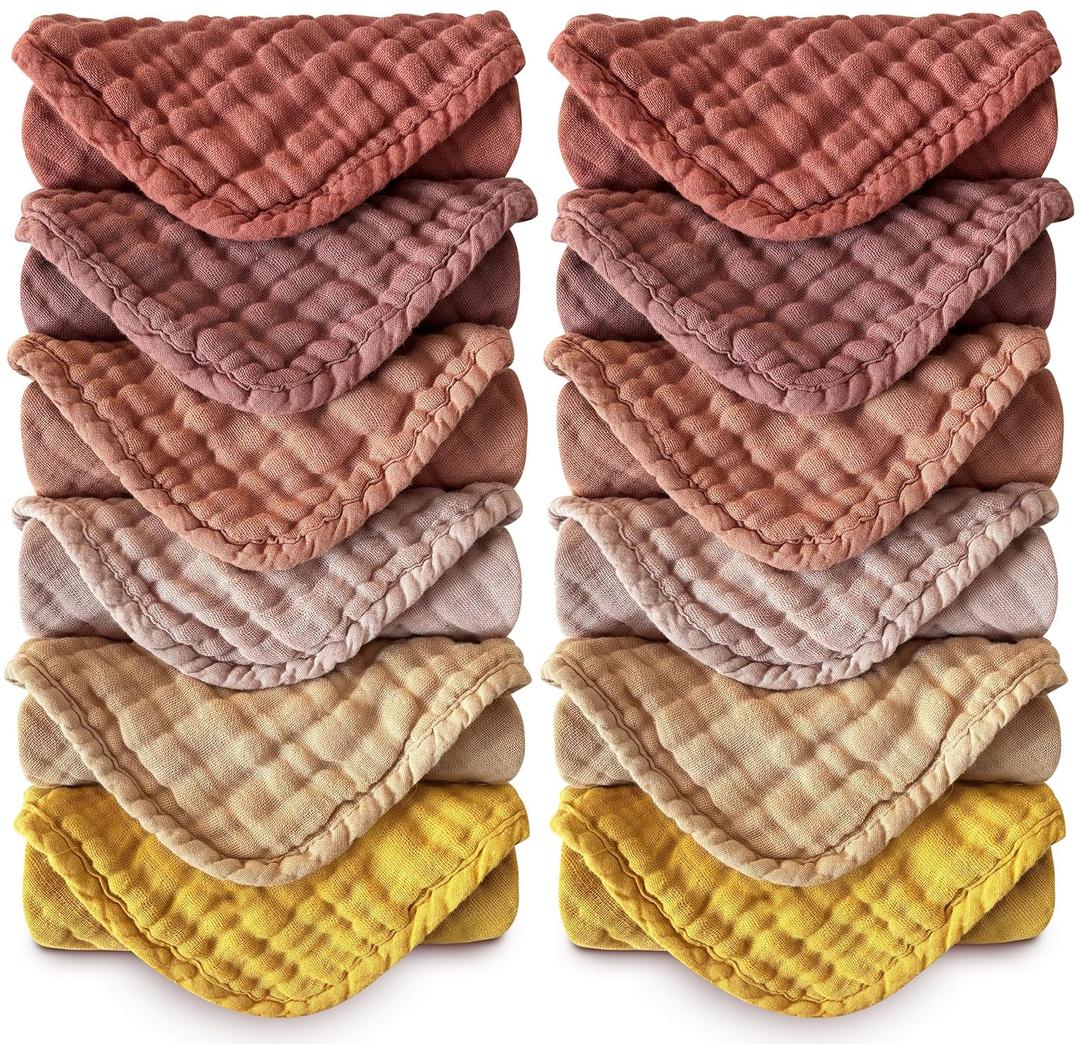 MOON PARK Baby Washcloths, 12 Pack - 12x12 Inches, Small Burp Cloths and Baby Wipes - 100% Cotton Muslin Ultra Soft for Newborn, Infant and Toddlers - Brown, Honey and Bean Paste Series