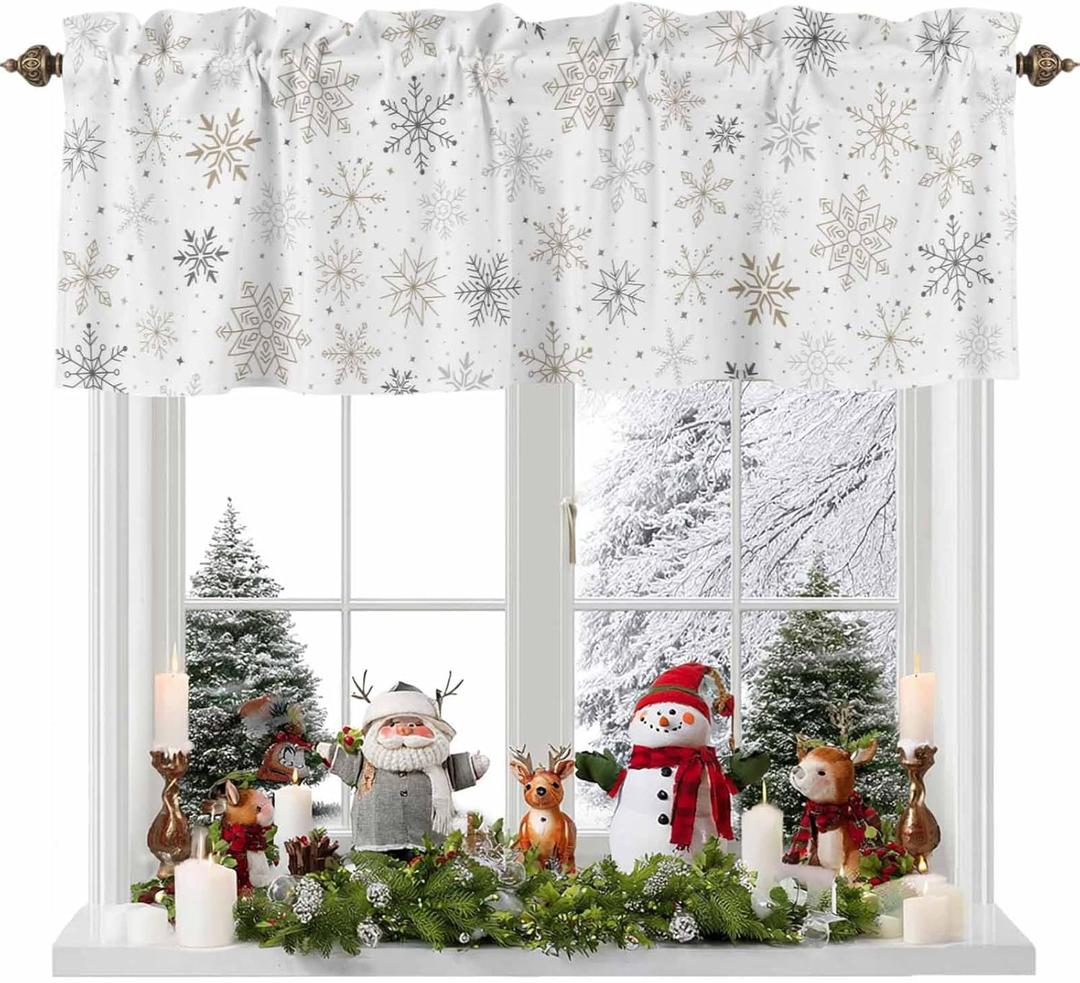 Christmas Valance, Gold and Grey Snowflake Christmas Valances for Windows Rod Pocket Curtain Valances Snowflake Christmas Window Treatment Small Curtain for Xmas Winter 42" W x 18" L, 1 Panel