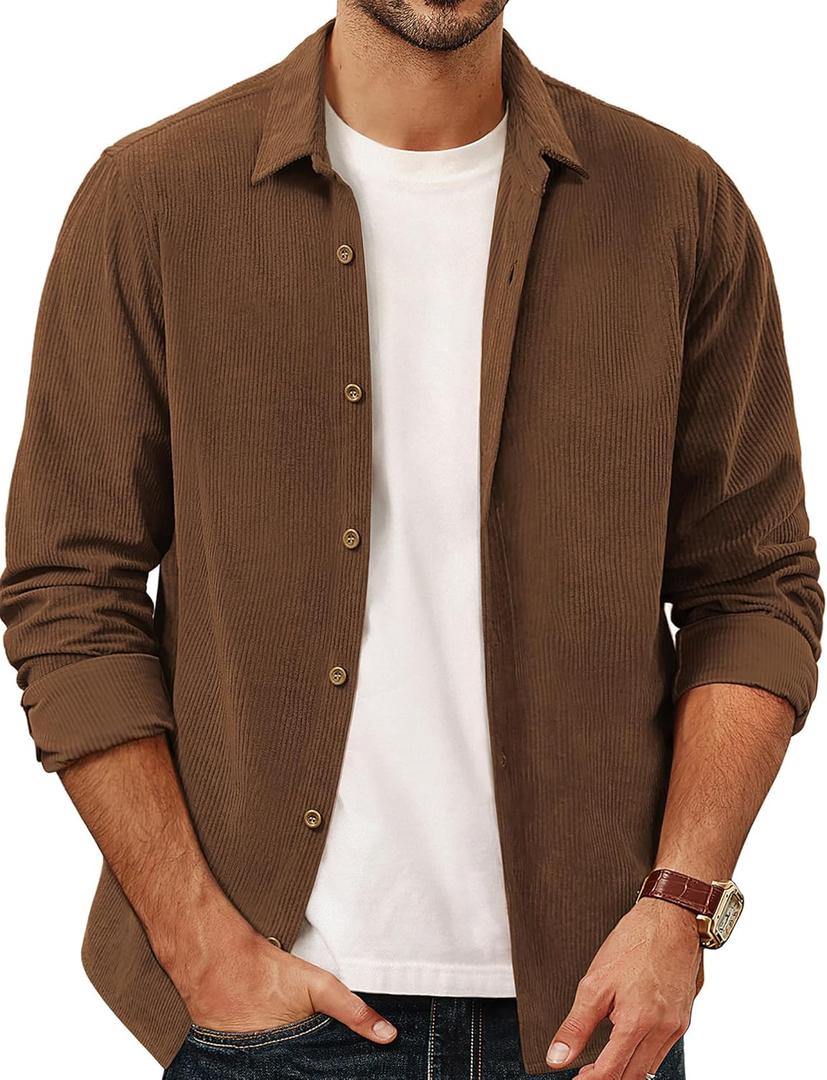 PJ PAUL JONES Mens Corduroy Button Down Shirt Jacket Casual Long Sleeve Shacket Lightweight Textured Untucked Shirts (Brown, XL)