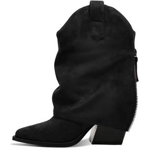 Womens Ankle Fold Over Boots Chunky Mid Heel Booties Retro Pointed Pointed Toe Side Zipper Short Boots Heeled Shoes for Women Fall Winter (7.5, Black-suede)